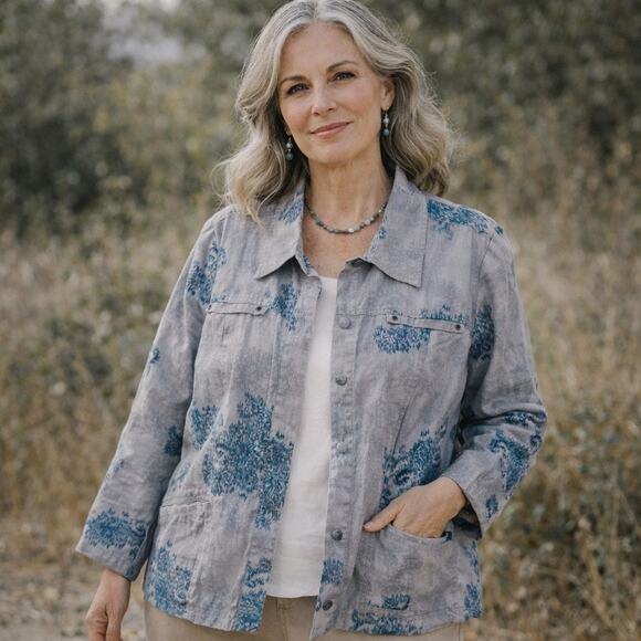 Coldwater Creek Tops - Coldwater Creek 20W Linen Shacket Blue Gray Watercolor Snap Shirt Jacket Boho